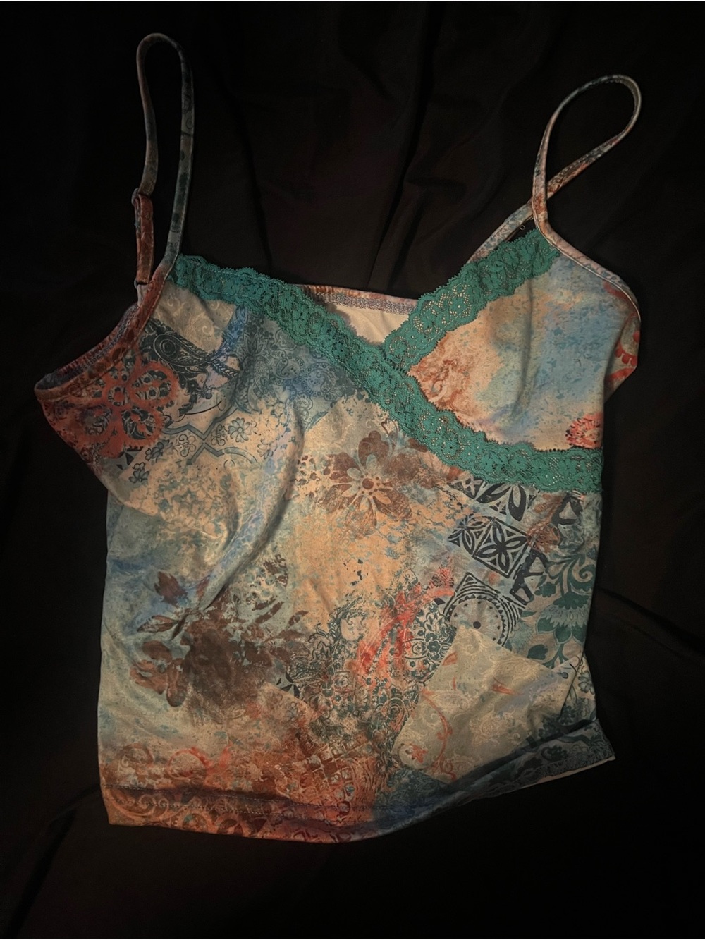 Women’s Lace-Trim Printed Camisole Tank Top - Teal Multi